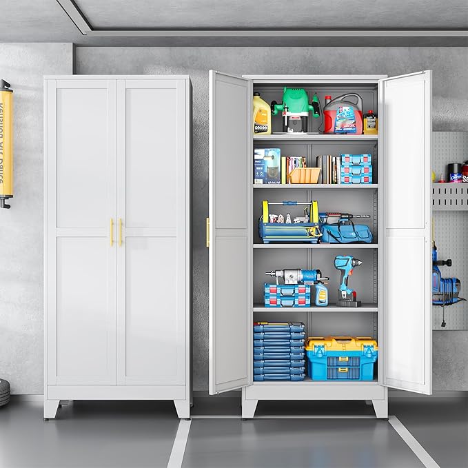 White Pantry Storage Cabinet,71" Kitchen Pantry with Doors and 4 Adjustable Shelves, Metal Storage Cabinet, for Office, Home, Garage, School-Ruum Studio Home