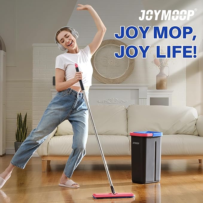 JOYMOOP Mop and Bucket with Wringer Set, Hands Free Flat Floor Mop and Bucket, with 4 Washable Microfiber Pads, Wet and Dry Use, Floor Cleaning System - Black+Red+Slate Blue-Ruum Studio Home