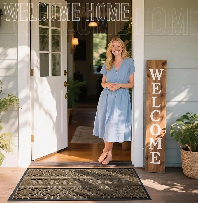 Yimobra Welcome Mat Outdoor Indoor, All-Season Waterproof Front Door Mat Outside Entrance, All-Weather Heavy Duty Non-Slip Doormat, Low Profile Porch Patio Entrance Mats, 47x32, Coffee-Ruum Studio Home