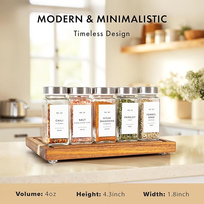 Glass Spice Jars with Label and Stainless Steel Lids (24 x 4oz) Spice Containers with 240 Labels, Shaker Inserts, Steel Funnel, Empty Square Empty Square Seasoning Organizer (White)-Ruum Studio Home