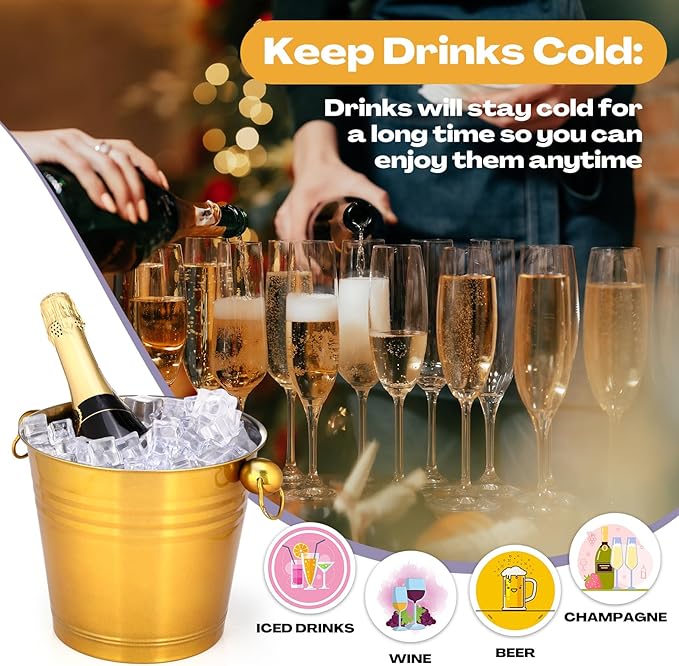 Amyhill 8 Pack Stainless Steel Ice Bucket 5.3 Quart/ 5 Liter with Handle Large Insulated Champagne Buckets Beer Bucket for Cocktail Bar Wine Parties Chilling Wine Champagne Home(Gold)-Ruum Studio Home
