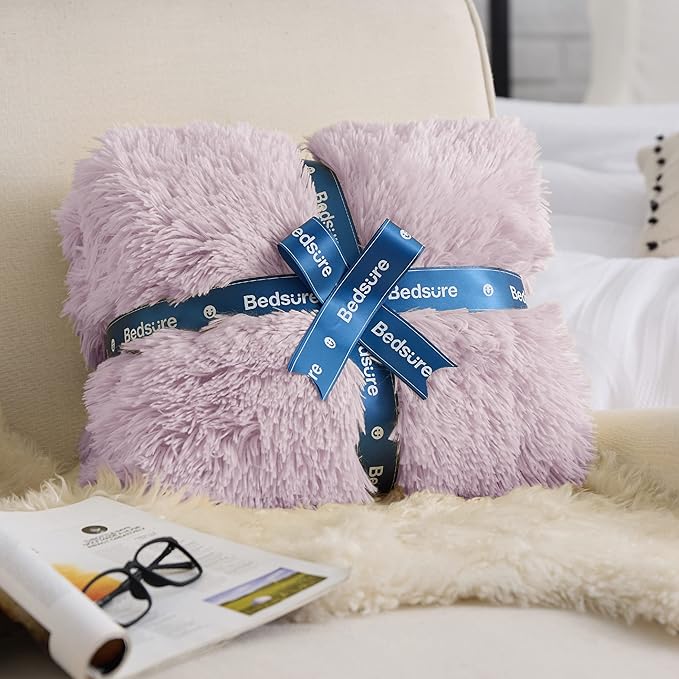 Bedsure GentleSoft Fluffy Lavender Purple Blankets Queen Size for Bed, Thick Sherpa Faux Fur Fleece Fuzzy Plush Winter Warm Soft Queen Blankets, Bedroom Purple Decor Cozy Gifts for Women Men, 90x90-Ruum Studio Home