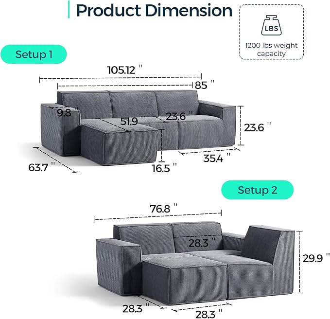 LINSY HOME Oversized Modular Sectional Sofa, 105" Cloud Couch L Shaped 3-Seat Sofa with Ottoman, Corduroy Deep Seat Modular Couches for Living Room, No Assembly Required, Bluish Grey-Ruum Studio Home