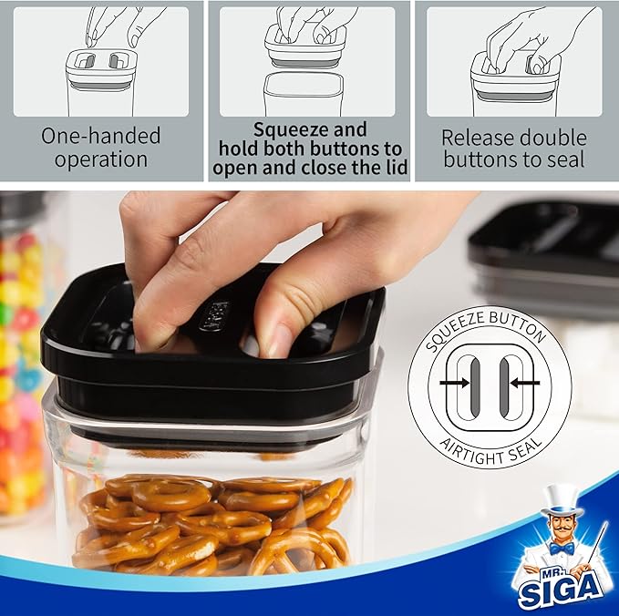 MR.SIGA 6 Piece Airtight Food Storage Container Set, BPA Free Kitchen Pantry Organization Canisters, One-handed Kitchen Storage Containers for Cereal, Spaghetti, Pasta, Black-Ruum Studio Home
