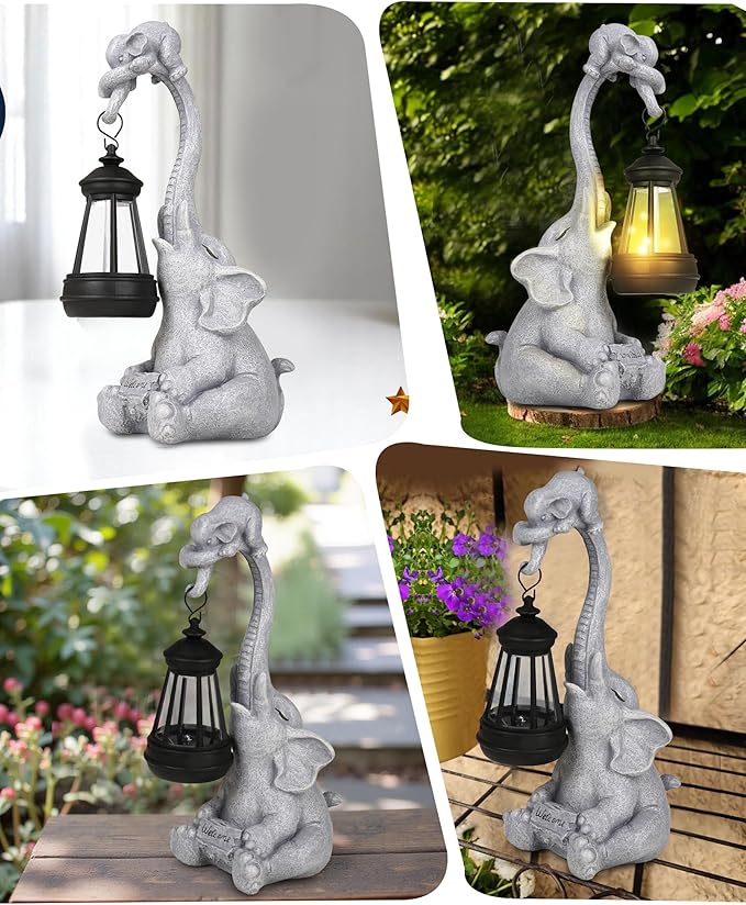 Solar Garden Statues Outdoor Decor- Yard Decorations for Patio, Balcony, Backyard, Lawn Ornaments - Elephants Figurines with LED Light- Unique Birthday House Warming Gifts for Women, Mom, Grandma-Ruum Studio Home