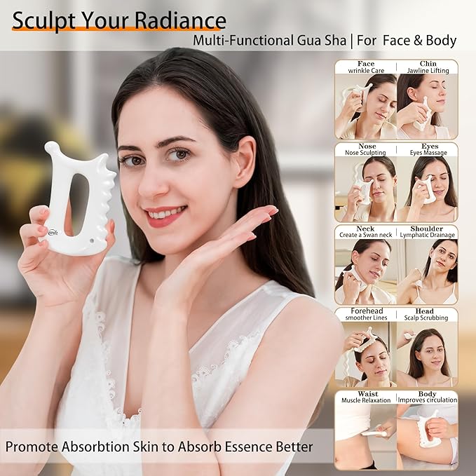 6-in-1 Ceramic Gua Sha Tool for Face & Body - Manual Facial Massage for Lymphatic Drainage, Jaw Lifting, Puffiness Care, Neck Massage for Stress Relief at Home, Self Care Gift for Mum Wife White-Ruum Studio Home