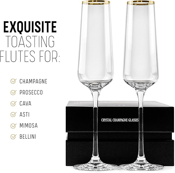Gold Rim Champagne Gift Glasses | Set of 2 | Crystal Square Toasting Flutes for Bride and Groom, Wedding, Anniversary, Birthday | Elegant Long Stemmed Glassware for Sparkling Wine, Prosecco-Ruum Studio Home