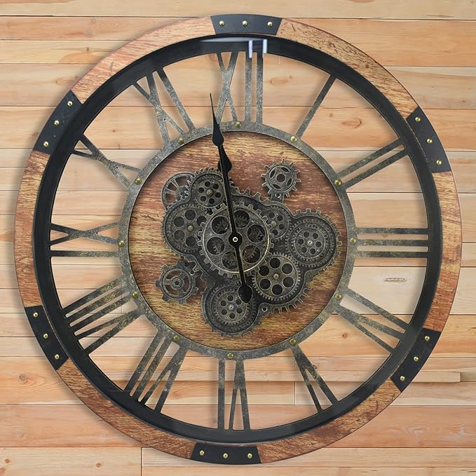 DORBOKER 30'' Large Wall Clock Real Moving Gears Oversized Industrial Solid Wood Rusic Farmhouse Clocks for Living Room Wall Decor Home Office, 30 inch 76cm, Brown and Vintage Bronze-Ruum Studio Home