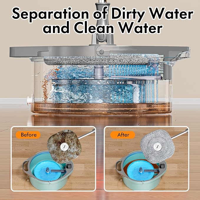 Spin Mop and Bucket Set with Separate Dirty and Clean Water,360° Spin Mop and Bucket System with Widening Foldable Handle,6 Replaceable Mop Pads,Square Mop for Floor Hardwood Tile Wall Cleaning(Blue)-Ruum Studio Home
