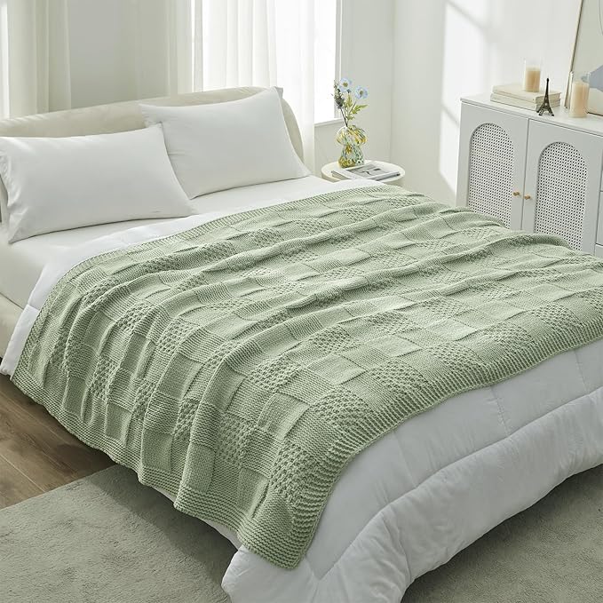 Amélie Home Chenille Knit Throw Blanket for Couch, Checkered Texture Decorative Soft Blanket for Sofa, Bed & Living Room, 50"x60", Sage Green-Ruum Studio Home