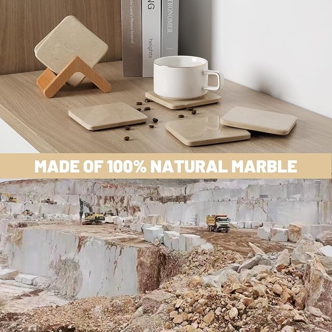 BCS Marble Coasters Set of 5 with Holder, Square Stone Drink Coasters for Coffee, Wine and Cocktails, Non-Slip Durable Cup Mats, Elegant Home, Bar & Kitchen Table Decor (Crema Beige)-Ruum Studio Home