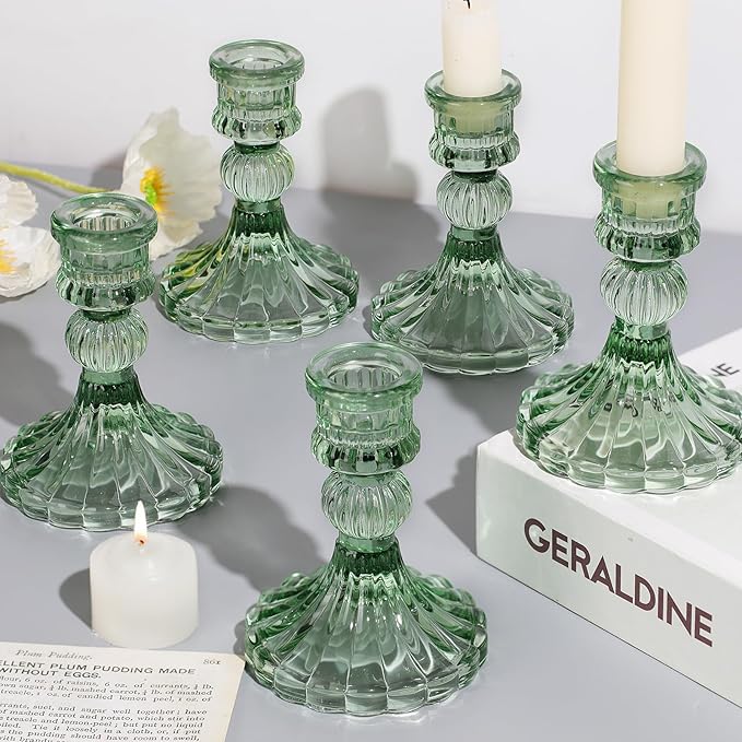 12PCS Green Candlestick Holders Set- 4" H Taper Candle Holders, Glass Candle Holders Bulk for Wedding, Party, Home Table Centerpieces, Festival Gifts & Windowsill Decor-Ruum Studio Home