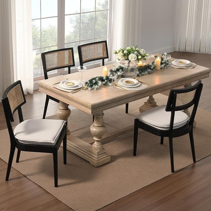 Rattan Dining Chairs Set Of 2 , Mid Century Modern Black Wooden Cane Back Chairs with Removable Linen Cushion , Retro Farmhouse Upholstered Kitchen & Dining Room Chairs for Restaurant Living Room-Ruum Studio Home