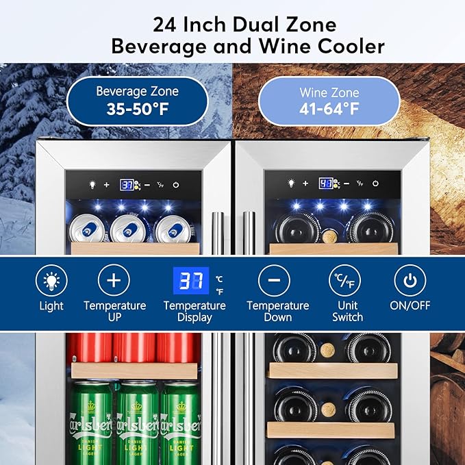 Tylza Upgraded Wine and Beverage Refrigerator 24 Inch, Dual Zone Wine Beverage Cooler with French Door, Under Counter Wine Beer Fridge Built-In or Freestanding, Holds 20 Bottles and 88 Cans TYBC120-3-Ruum Studio Home