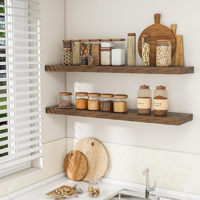 RICHFOCUS 48Inch Floating Shelves for Wall 1 Pack Shelves for Bedroom|Kitchen|Bathroom Wall Mounted Rustic Wood Floating Shelf with Invisible Brackets for Books|Storage|Decor, Rustic Brown-Ruum Studio Home