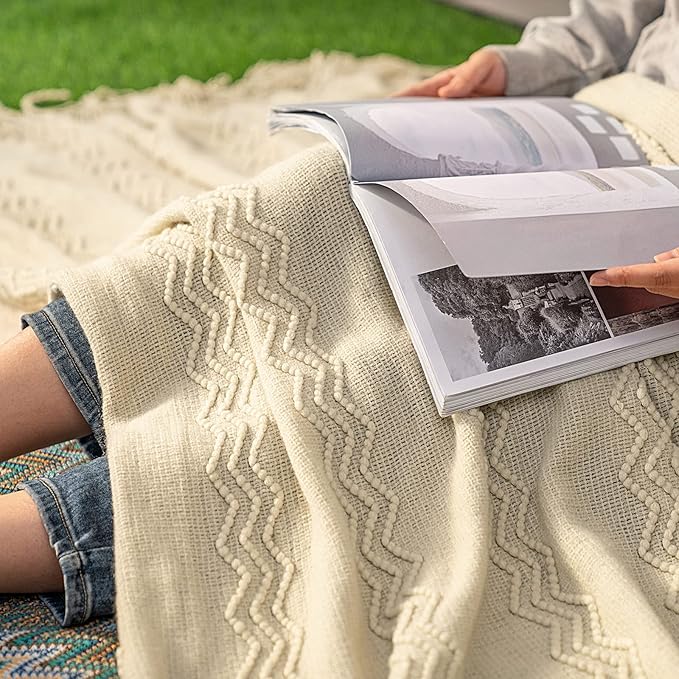 MIULEE Knitted Beige Throw Blanket Soft Sofa Knit Blanket for Couch 50 x 60 Inches, Solid Cozy Lightweight Wave Pattern Decorative Blankets with Tassels for Women, Kids and Babys-Ruum Studio Home