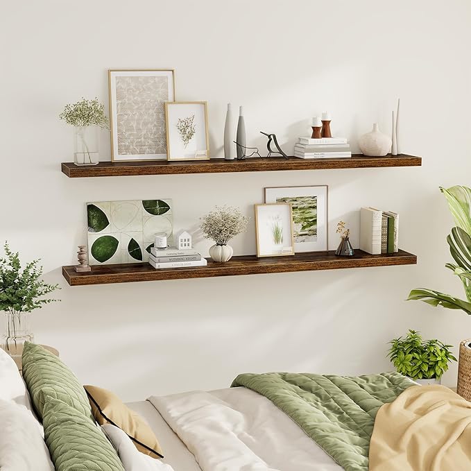 Fun Memories 72 Inch Floating Shelves for Wall 2 Pack Shelves for Bedroom|Kitchen|Bathroom 72 x 9.3 Inch Wood Floating Shelf with Invisible Brackets for Books|Storage|Decor, Rustic Brown-Ruum Studio Home