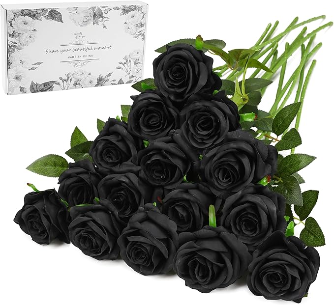 Black Fake Roses Artificial Flowers - 16 Pcs Fake Artificial Roses Silk Flowers with Stems for Home Wedding Hotel Office Centerpiece Decor-Ruum Studio Home