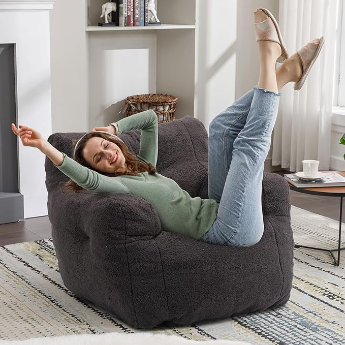 Recaceik Bean Bag Chairs, Tufted Soft Stuffed Bean Bag Chair with Filler, Fluffy Lazy Sofa, Imperial Lounger Giant Bean Bag Chair for Bedroom, Living Room, Dark Black-Ruum Studio Home