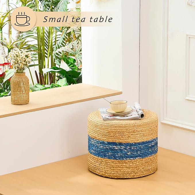 Handwoven Water Hyacinth Ottoman Pouf, Round Outdoor Footstool with Sturdy Frame, No Assembly Needed, Boho Accent Stool for Indoor & Outdoor Use – Patio, Balcony, Living Room (Blue)-Ruum Studio Home