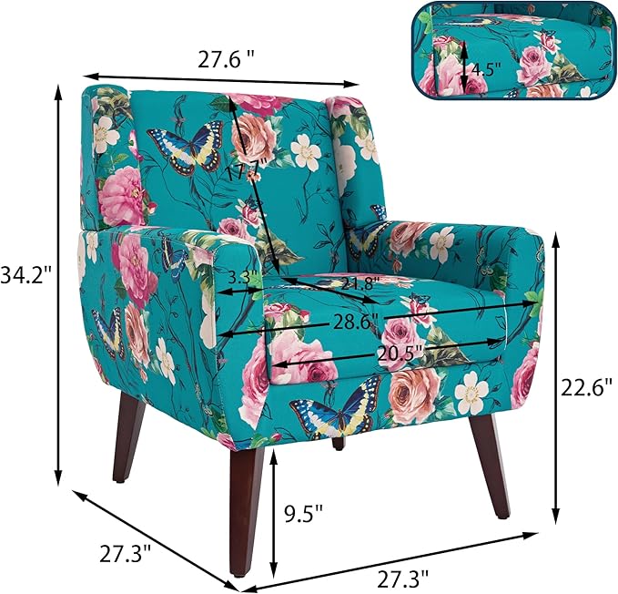 UIXE Floral Accent Chair, Modern Upholstered Armchair in Fabric for Living Room, Comfy Club Arm Chairs Single Sofa Button Tufted Bedroom Reading Seat - Pattern Blue, Set of 1-Ruum Studio Home