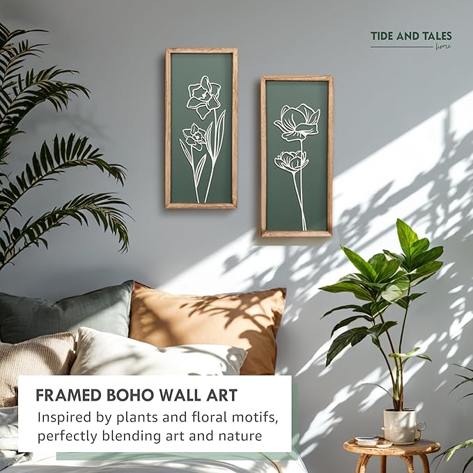 3D Floral Green Wall Art (Set of 2) Lightweight, Wooden Ready-to-Hang Boho Framed Wall Art for Bathroom, Bedroom, Living Room or Office – Premium Sage Green Farmhouse Decor – Gift-Boxed-Ruum Studio Home