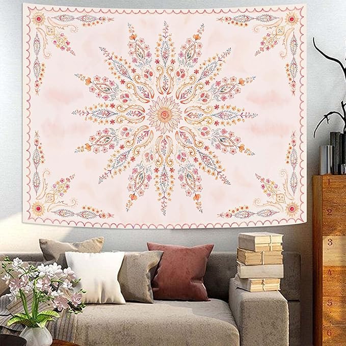 Fowocu Boho Floral Mandala Tapestry for Bedroom Aesthetic Pink Bohemian Flower Wall Tapestry Watercolor Hippie Indian Small Tapestries Wall Hanging for Living Room Dorm Decor 40 x 30 Inch-Ruum Studio Home
