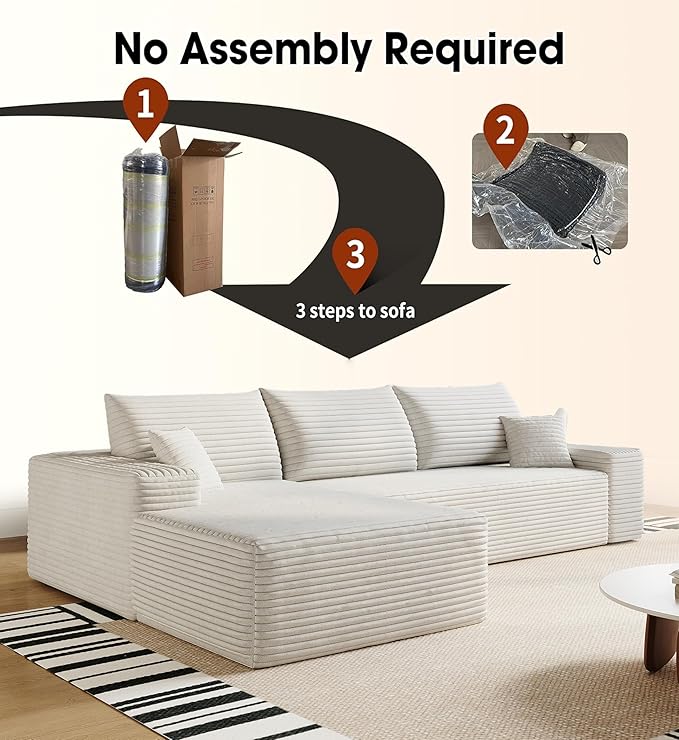 108" Sectional Couches for Living Room Modern Modular Sofa with L-Shape Couchs Upholstered Boneless Couch Deep Seat Sectional Couch with Chaise (White, Left Facing Chaise+2Seaters)-Ruum Studio Home