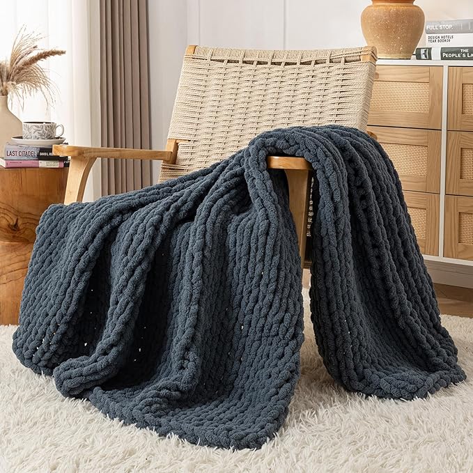 Chunky Knit Blanket Throw, 100% Hand Knit Throw Blanket Handmade Chenille Cable Knit Throw for Couch, Stylish Cozy Soft Rope Knot Crochet Blanket for Home Decor, Blue Mirage, 60x80 Inches-Ruum Studio Home