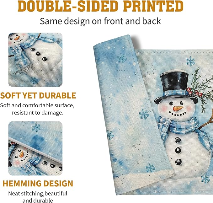 Blue Snowman Snowflake Winter Placemats Set of 4 Seasonal Christmas Linen Table Mats 12x18 Inch Xmas Holiday Snow Farmhouse Rustic Washable Place Mats for Party Kitchen Dining Outdoor Indoor Decor-Ruum Studio Home