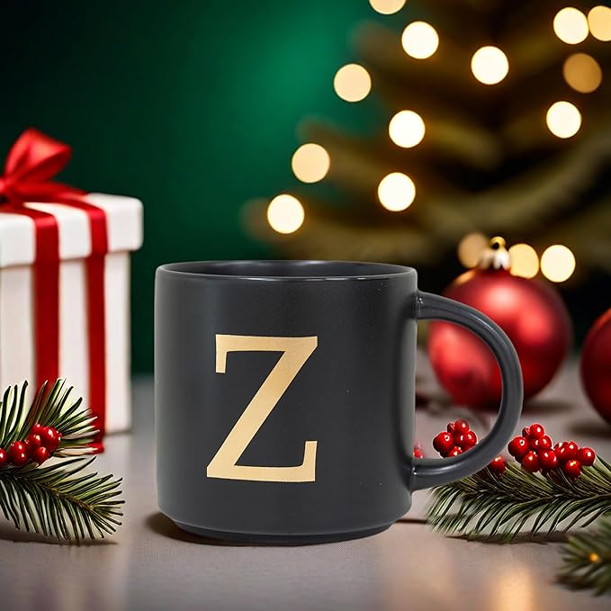 COLLECTIVE HOME - Monogram Ceramic Mugs, 15 oz Golden Initial Black Coffee Cups, Elegant Alphabet Tea Mugs, Elegant Personalized Mug with Gift Box, Unique Mug with Double Side Capital Lette (Z)-Ruum Studio Home
