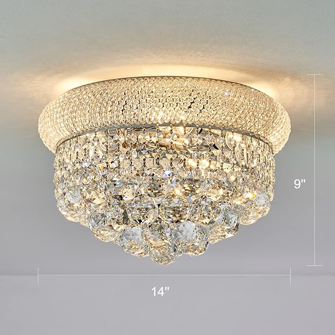 Crystal Flush Mount Chandelier Ceiling Light Fixture for Living Room Dining Room Bedroom Foyer Entryway Hallway Closet Bathroom (Chrome, 9" H x14 D)-Ruum Studio Home