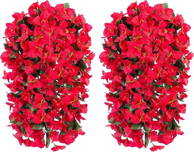 Faux Bougainvillea Artificial Flowers Plants for Outdoor Outside Decoration, 2 PCS Red Fake Flowers UV Resistant Look Real Silk Long Trailing Vines for Front Door Porch Planter Urn Patio Garden Yard-Ruum Studio Home