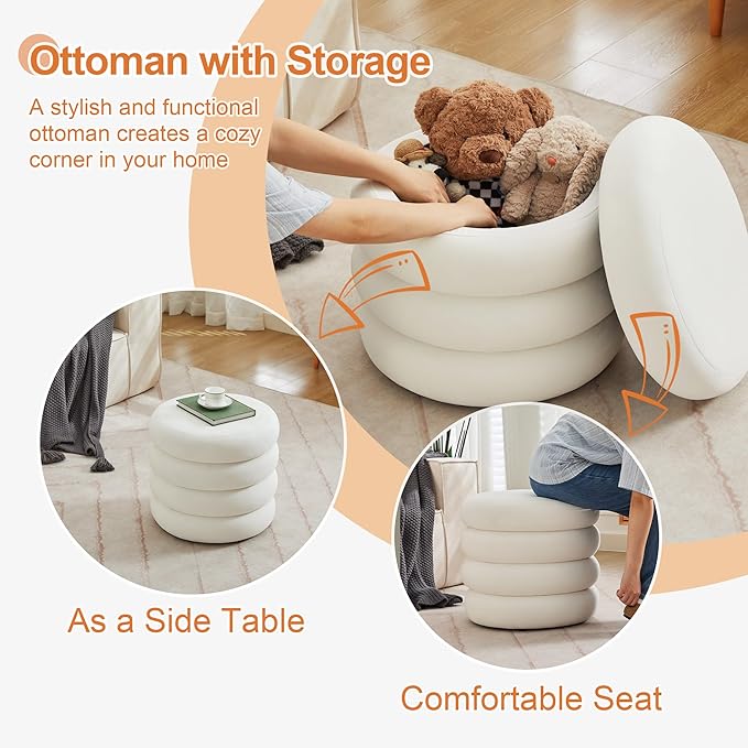 ONEVOG Round Storage Ottoman, 20" Small Ottomans Table with Removable Lid, Velvet Fabric Soft Footrest Stool for Couch, Upholstered Stuffed Circle Seat for Living Room/Bedroom/Dorm/Vanity, Lvory White-Ruum Studio Home