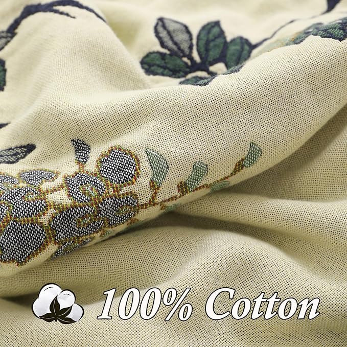 Snycler Boho Throw Blanket for Bed - 100% Cotton Ultra Soft Rustic Quilt Blanket Green Floral Bird Printed Farmhouse Decor Bed Blankets, 80"×90" All Season Rustic Throw for Sofa Chair Couch-Ruum Studio Home
