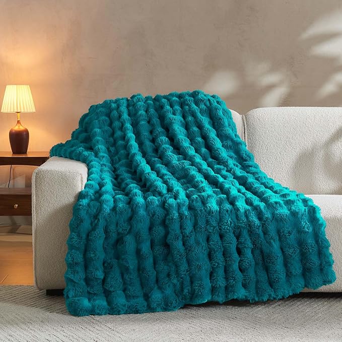 Lotus Karen Faux Fur Throw Blanket Teal - Big Bubble Rabbit Fluff Blanket for Couch Bed Sofa,Softest Fluffy Fuzzy Cozy Blanket,Thick Furry Plush Shaggy Warm Blankets for Women,90x90 Inches-Ruum Studio Home