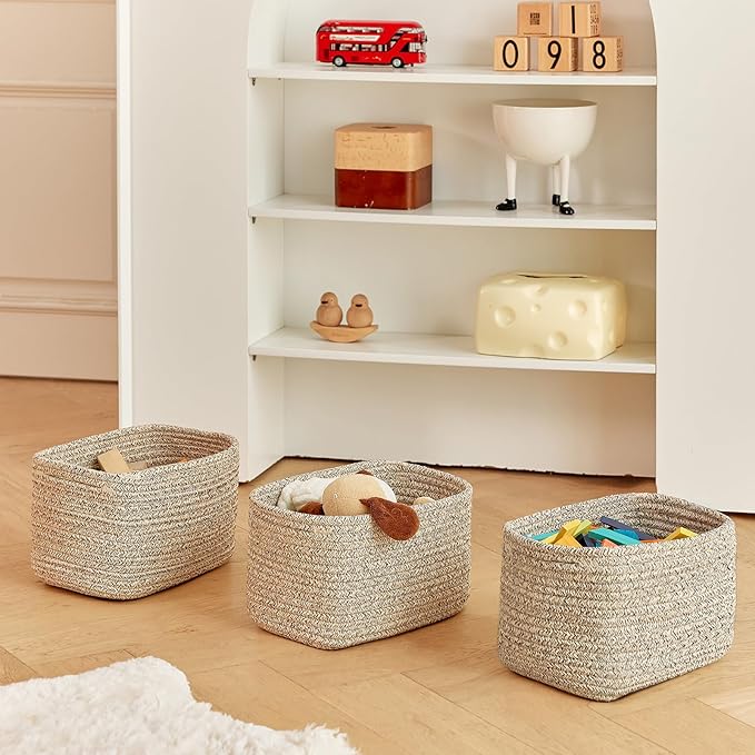Small Cotton Rope Storage Basket Set of 3-11"x7"x7" Perfect Woven Baskets for Storage, Ideal Storage Baskets for Organizing Toys, Towels, and More - Baskets for Shelves and Home Decor（Beige）-Ruum Studio Home