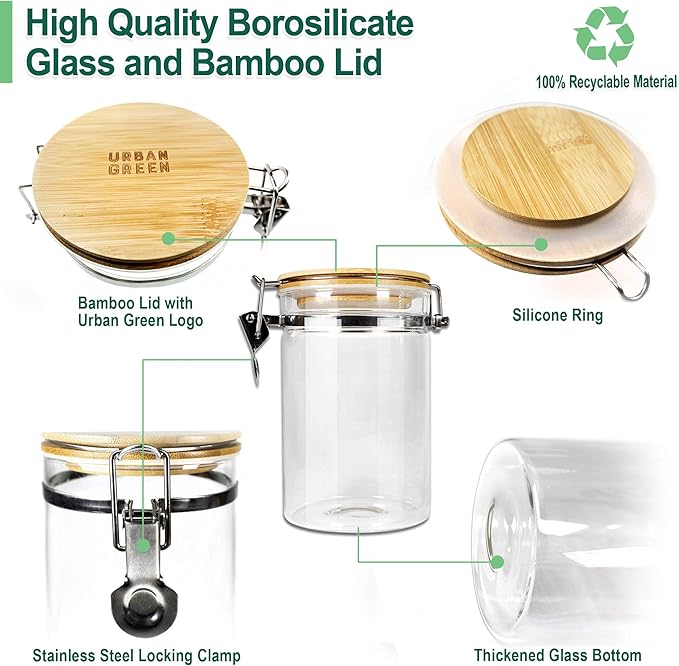 Urban Green Borosilicate Glass Storage Jars with Airtight Locking Clamp Lids, Airtight Canister Set，Coffee Set of 3 with Spoon (50oz, 24oz, 18oz), Storage Containers with Bamboo Lid-Ruum Studio Home