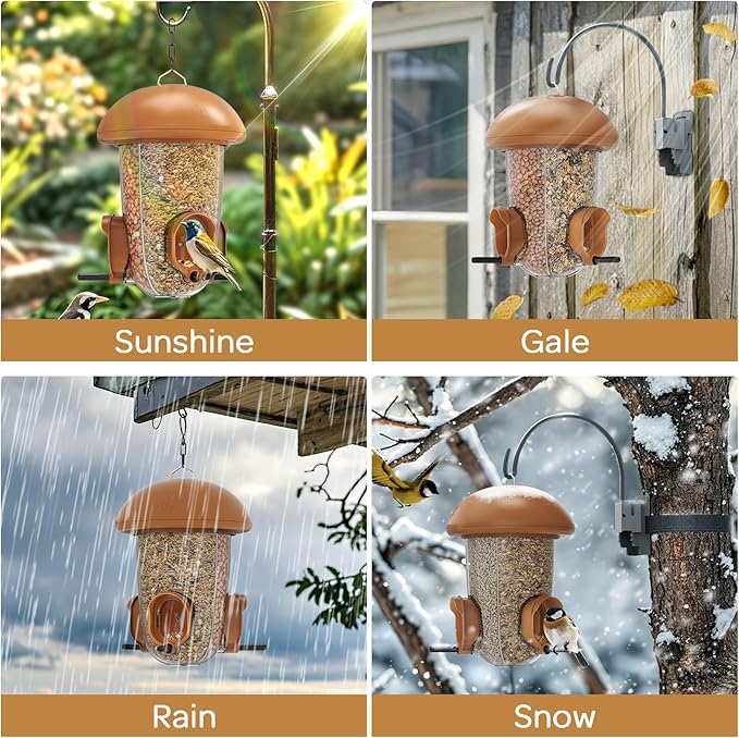 LONA Bird Feeders for Outdoors Hanging – 3 Separate Compartments, 3 Feeding Ports, Weatherproof Dome & 3 Ways to Hang, Large Capacity for Cardinals/Finches (Brown，Plus-Ruum Studio Home