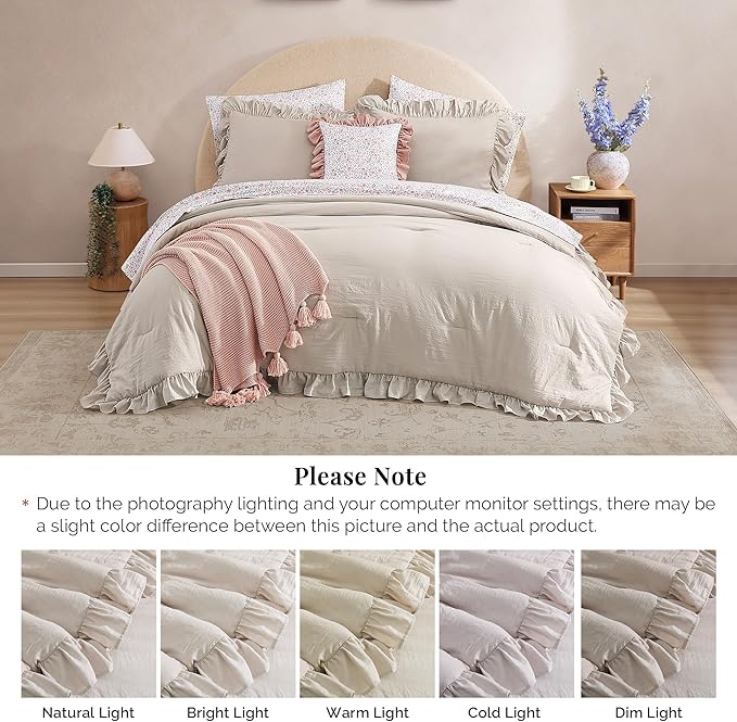Full Comforter Set - 7 Pieces Ruffle Beige Bedding Sets, Shabby Chic Farmhouse Bed in a Bag Full with Ruffle Comforter, Floral Sheets, Pillowcases & Shams-Ruum Studio Home