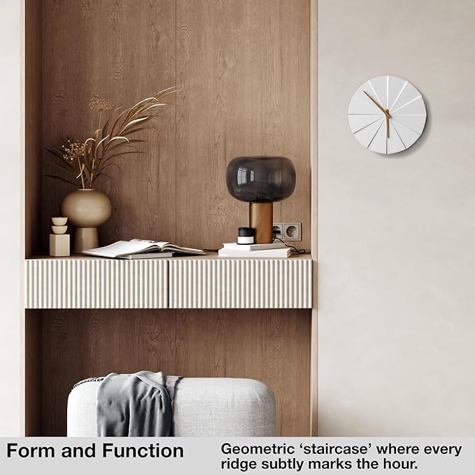 Driini Staircase Modern Wall Clock - Unique 10.5 in. Frameless Concrete Design - Contemporary, Minimalist Decor; No Numbers - Silent Battery Operated Clocks with Decorative Wooden Hands; White-Ruum Studio Home