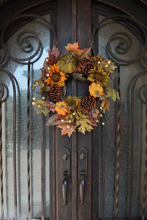 Admired By Nature 24 Inch Artificial Fall Pumpkin Sunflowers Wreath Wall Door Farmhouse Decor For Home Office Thanksgiving Harvest Wreaths For Front Door Cemetery Wreaths Indoor Outdoor, Green/Autumn-Ruum Studio Home