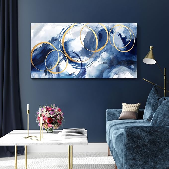 AJAZIKO Blue Abstract Wall Art Modern Art Wall Decor Artwork For Walls Living Room Large Painting Size 20x40 Office Pictures For Wall Navy Gold Contempor Decorations For Bedroom-Ruum Studio Home