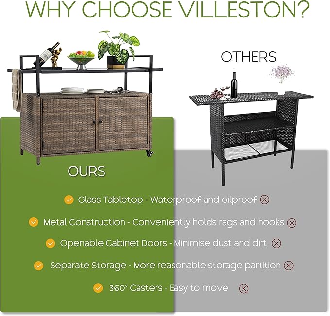 Wicker Outdoor Bar Cart - Brown Patio Console Storage Table Buffet Cabinet Serving Kitchen Cart with Wheels for Outside Backyard-Ruum Studio Home