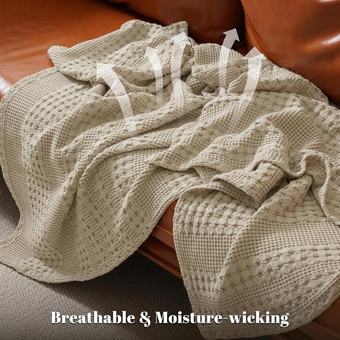 PHF 100% Cotton Waffle Weave Blanket Twin Size, Soft Lightweight Breathable Cozy Summer Blankets for Bed, Luxury Aesthetic Woven Bedding for Home Decor, 66"x90", Khaki-Ruum Studio Home