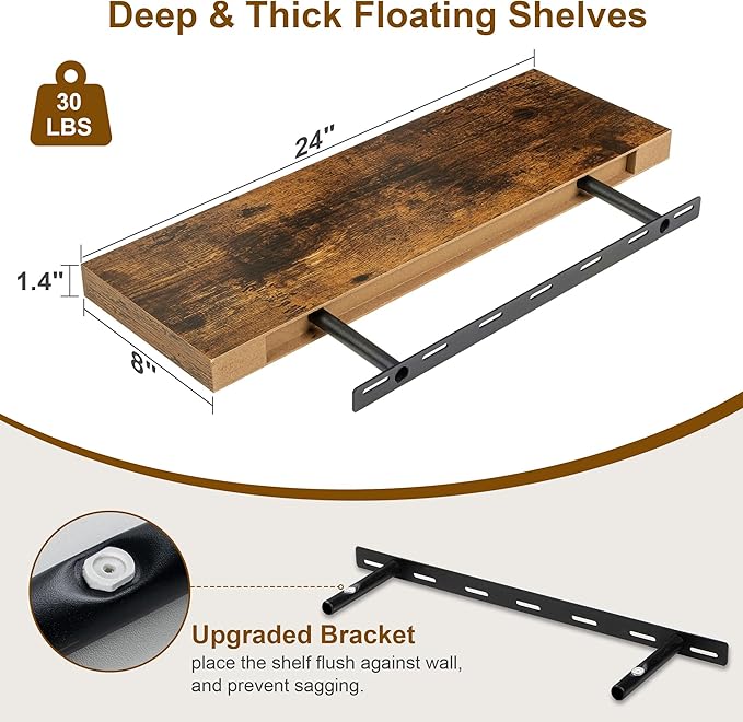 Floating Shelves, 8 Inch Deep Floating Shelves, 24"W x 8"D Wall Shelves Set of 2, Rustic Wood Floating Shelf for Home Decor, Deep Storage Shelves for Kitchen, Bedroom, Living Room, Rustic Brown-Ruum Studio Home