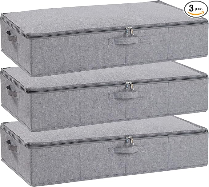 Under the Bed Storage Bins, 31.5 x 15.7 x 5.9 Inch Closet Organizers with Reinforced Handles for Blanket, Sheets, Pillows, Towels, Shoes, Grey, 3 Pack-Ruum Studio Home