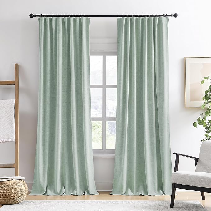 RAIN CITY Light Green Linen Blackout Curtains 108 Inch Long for Living Room,2 Panels Pinch Pleated Drape with Hooks Back Tab Boho Decor, Textured Full Black Out Curtains for Bedroom 50 x 108-Ruum Studio Home