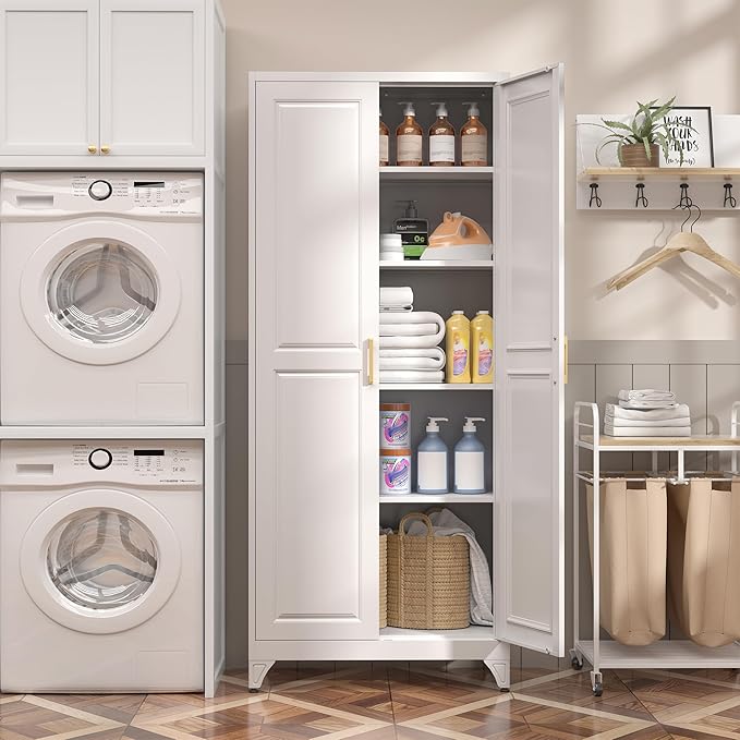 Kitchen Pantry Cabinet,75”White Metal Storage Cabinets with Doors and 4 Adjustable Shelves,Kitchen Cabinet with 2 Gold Handles,Tall Cabinet for Livingroom,Pantry, Bathroom-Ruum Studio Home