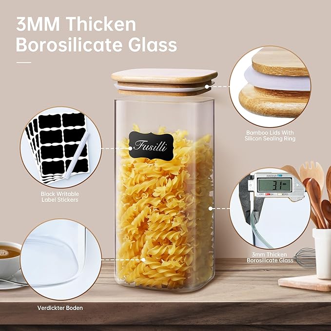 21oz - 4 Pack Square Glass Jars with Bamboo Lids, Glass Food Storage Containers with Airtight Lids, Air Tight Pantry Storage Containers for Coffee, Sugar, Spice, Meal Prep Jars for Salad & Fruit-Ruum Studio Home